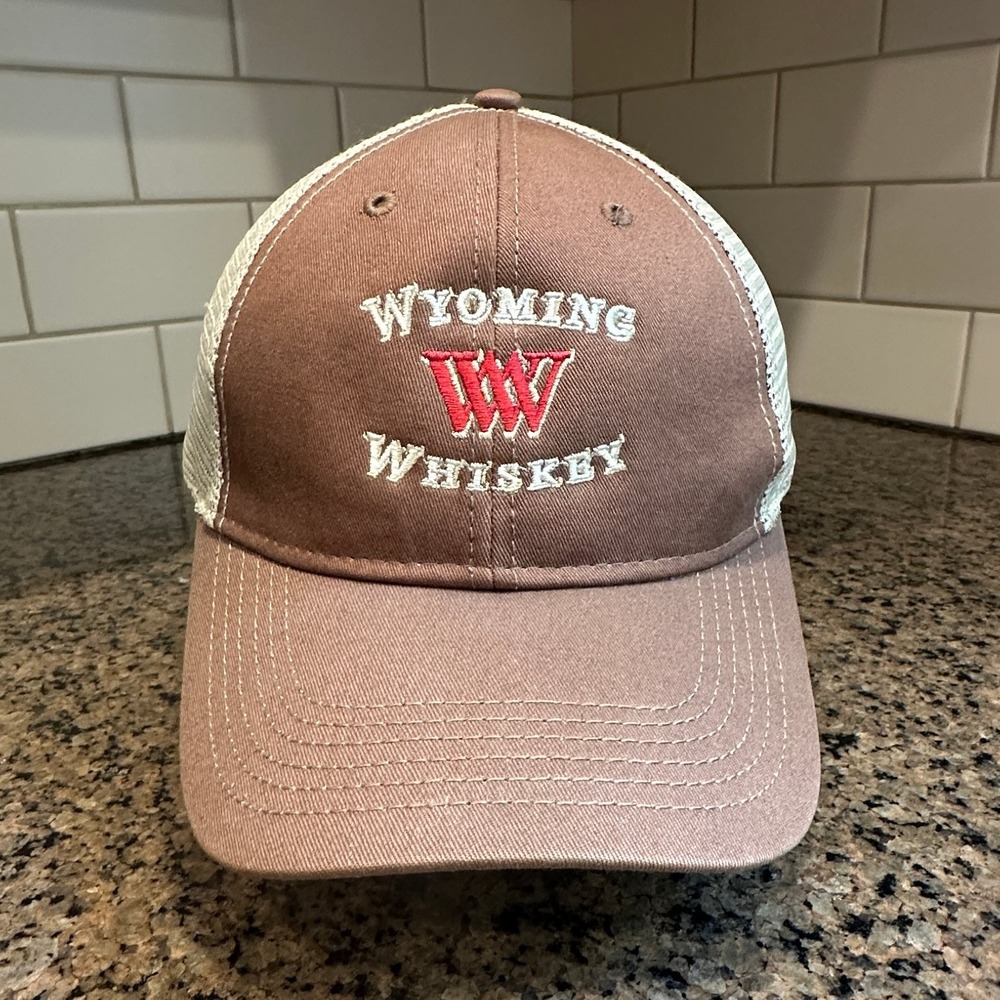 Wyoming Whiskey Sportsman Trucker Hat Adjustable Brown Tan Embroidered